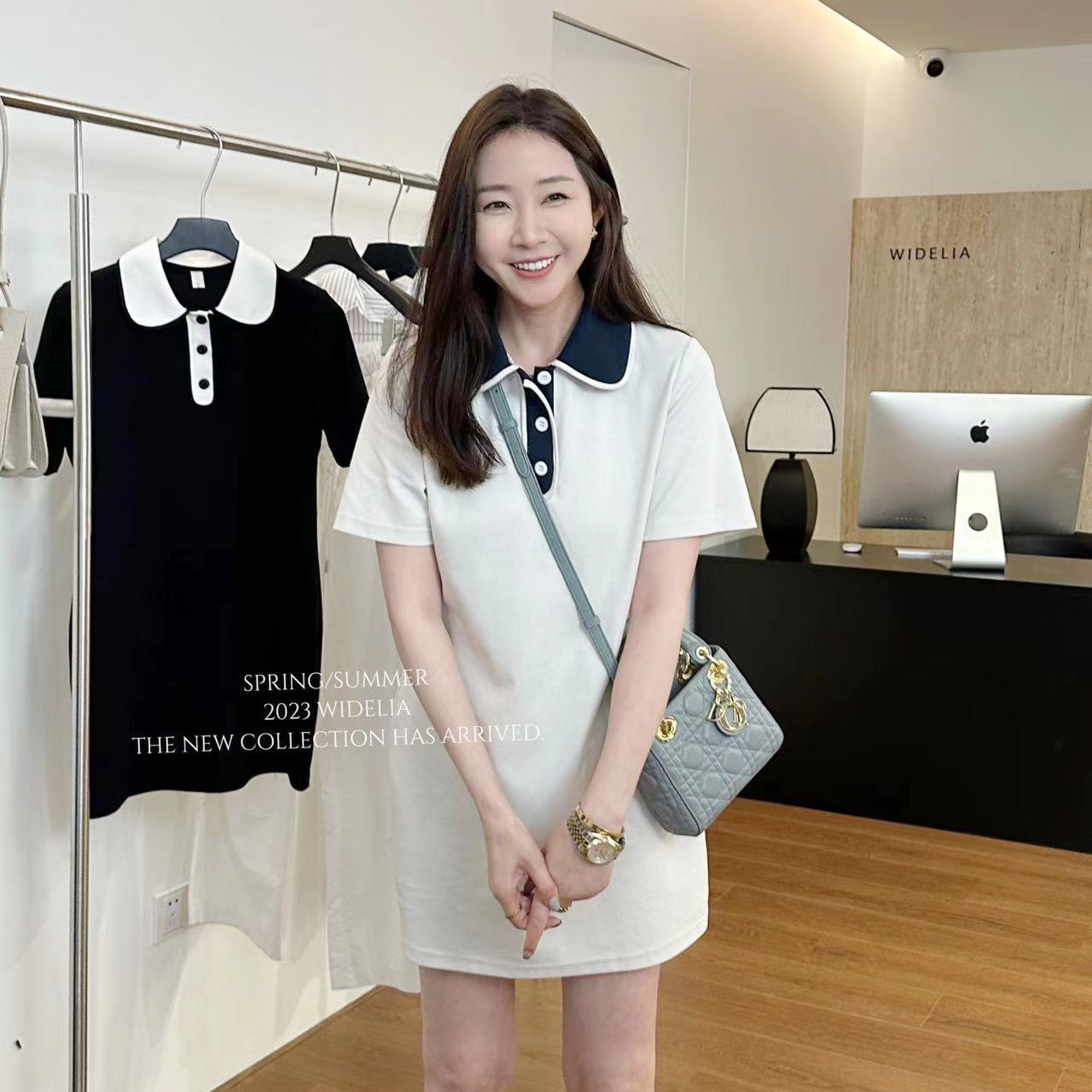 widelia陈魅儿2025秋冬新款 韩版修身拼色设计感短袖Polo领连衣裙