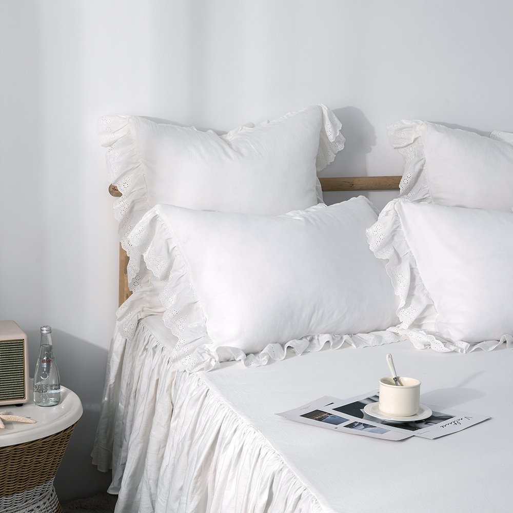60支纯棉水洗棉白色蕾丝荷叶边全棉花边枕套一对单人枕头套公主风