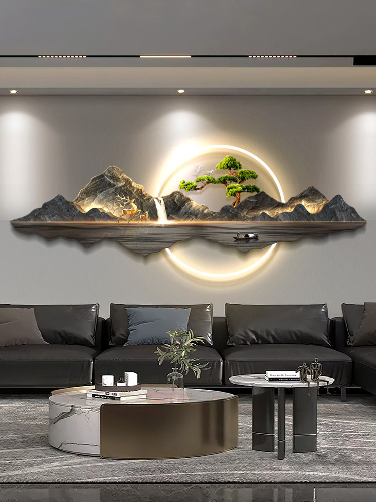 轻奢高端客厅装饰画3D立体夜光灯画新中国风山水挂画沙背景墙壁画