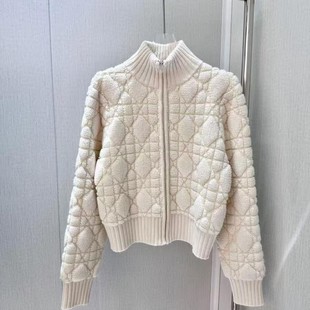 高定法式D经典菱形羊绒混纺拉链开衫针织外套女上衣