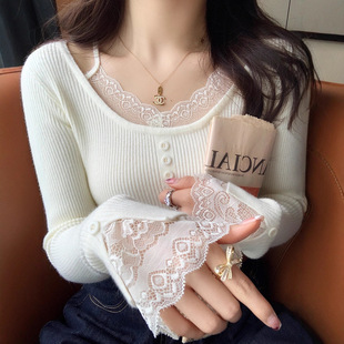 蕾丝花边针织衫女秋款2025年新款设计感毛衣内搭低领打底修身上衣