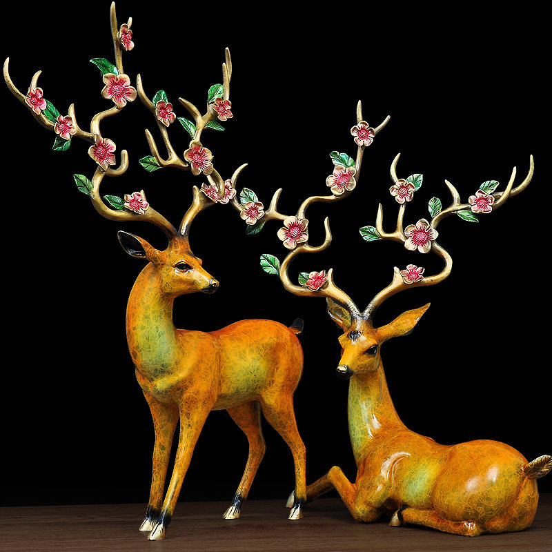 彩铜梅花鹿摆件招财麋鹿家居客厅玄关酒柜前台装饰品新中式工艺品