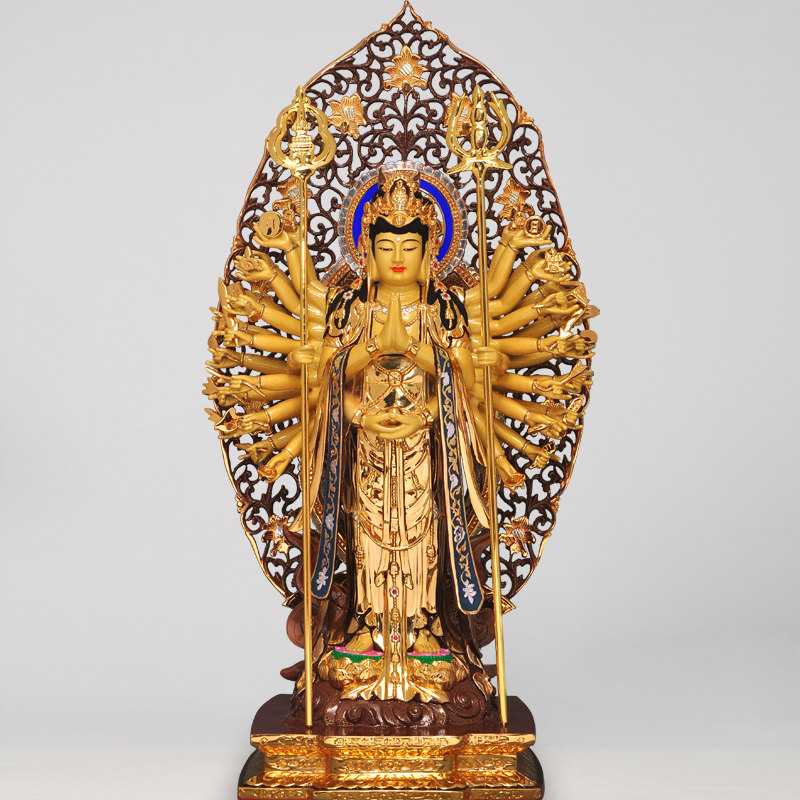 全铜鎏金千手观音菩萨摆件佛堂寺庙供奉坐莲观世音佛像摆件