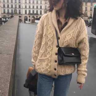 秋冬款山羊绒开衫女日系麻花加厚宽松外套复古慵懒风针织毛衣外套