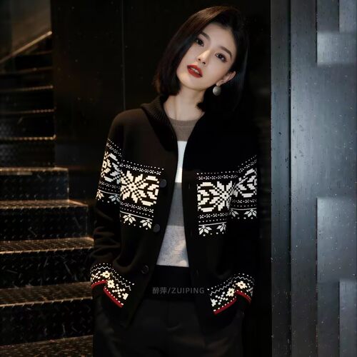 费尔岛风山羊绒连帽开衫女秋冬