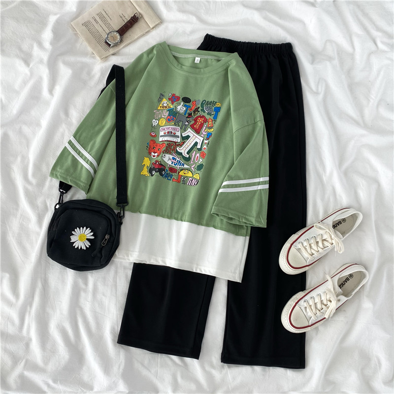 Real shot summer plus plus size women's dress fat sister slim Capris short sleeve two piece suit