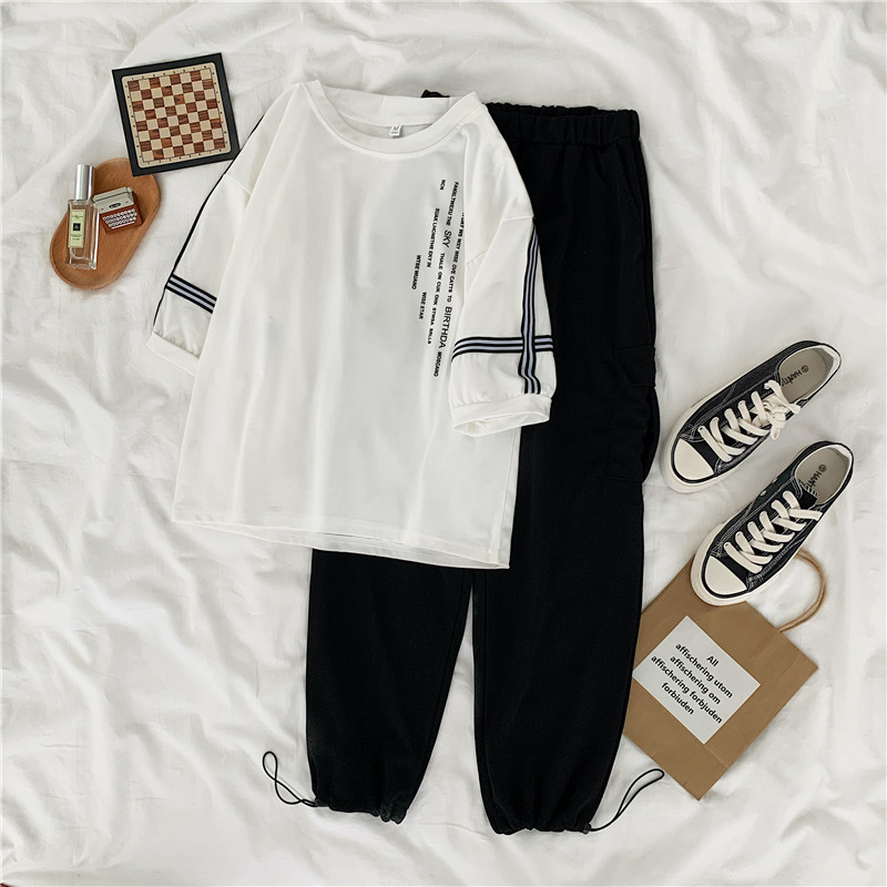 Real shot summer plus plus size women's dress fat sister slim Capris short sleeve two piece suit