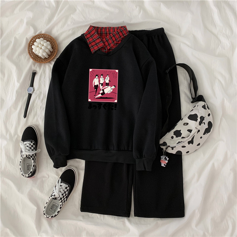 Real shot ~ new autumn and winter holiday two piece loose Polo doll collar color matching thickened Plush sweater set