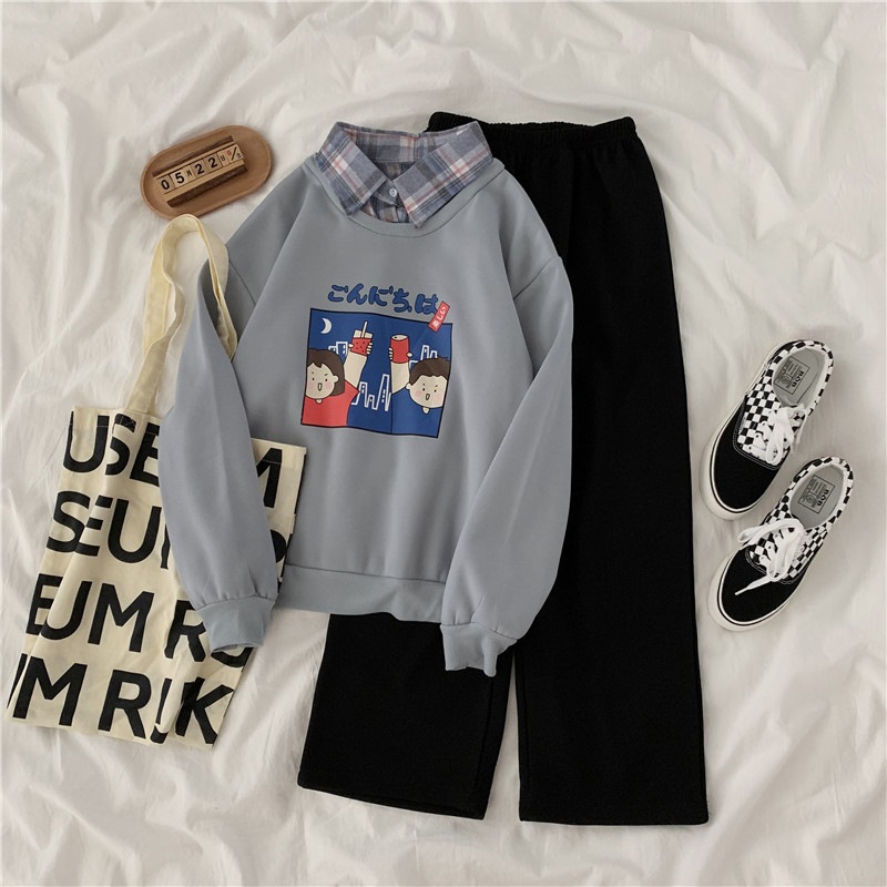 Real shot ~ new autumn and winter holiday two piece loose Polo doll collar color matching thickened Plush sweater set