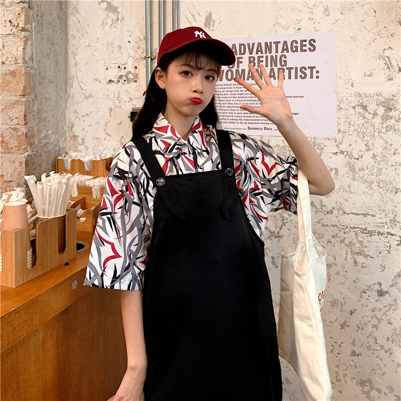 Real photo Shirt Short Sleeve T + strap skirt two pieces suit women's medium length fashion style slim dress