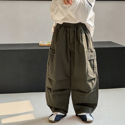 男童春季工装阔腿军绿大口袋长裤