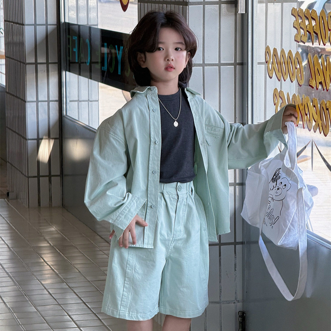 2026新款男女童夏季套装薄荷绿衬衫五分裤两件套韩版潮流休闲套装