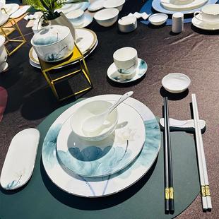 新中式青荷花金边高档酒店摆台餐具私人会所骨瓷碗碟套装logo定制