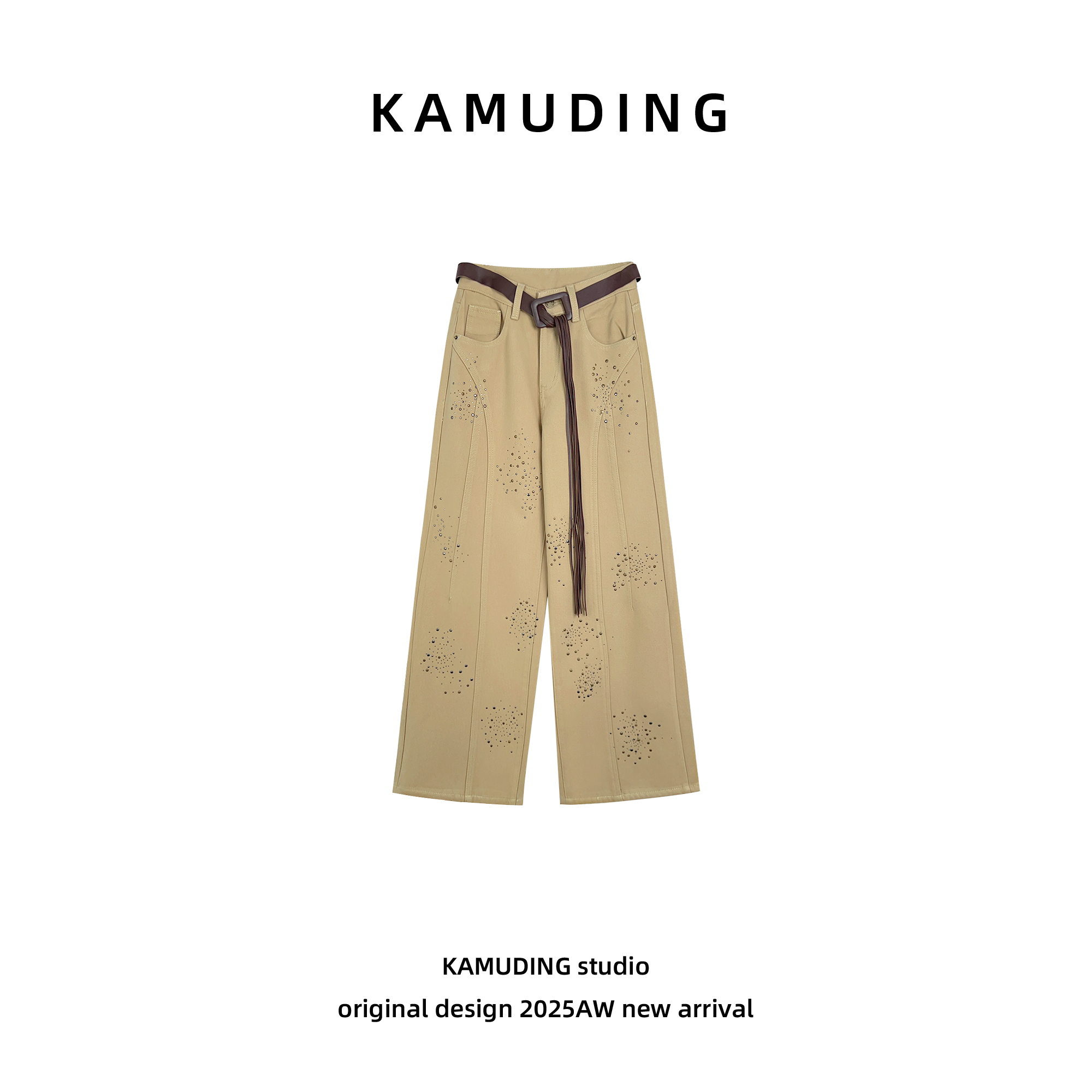 KAMUDING2025新款A43重工拼接烫钻时尚百搭气质阔腿牛仔裤25532