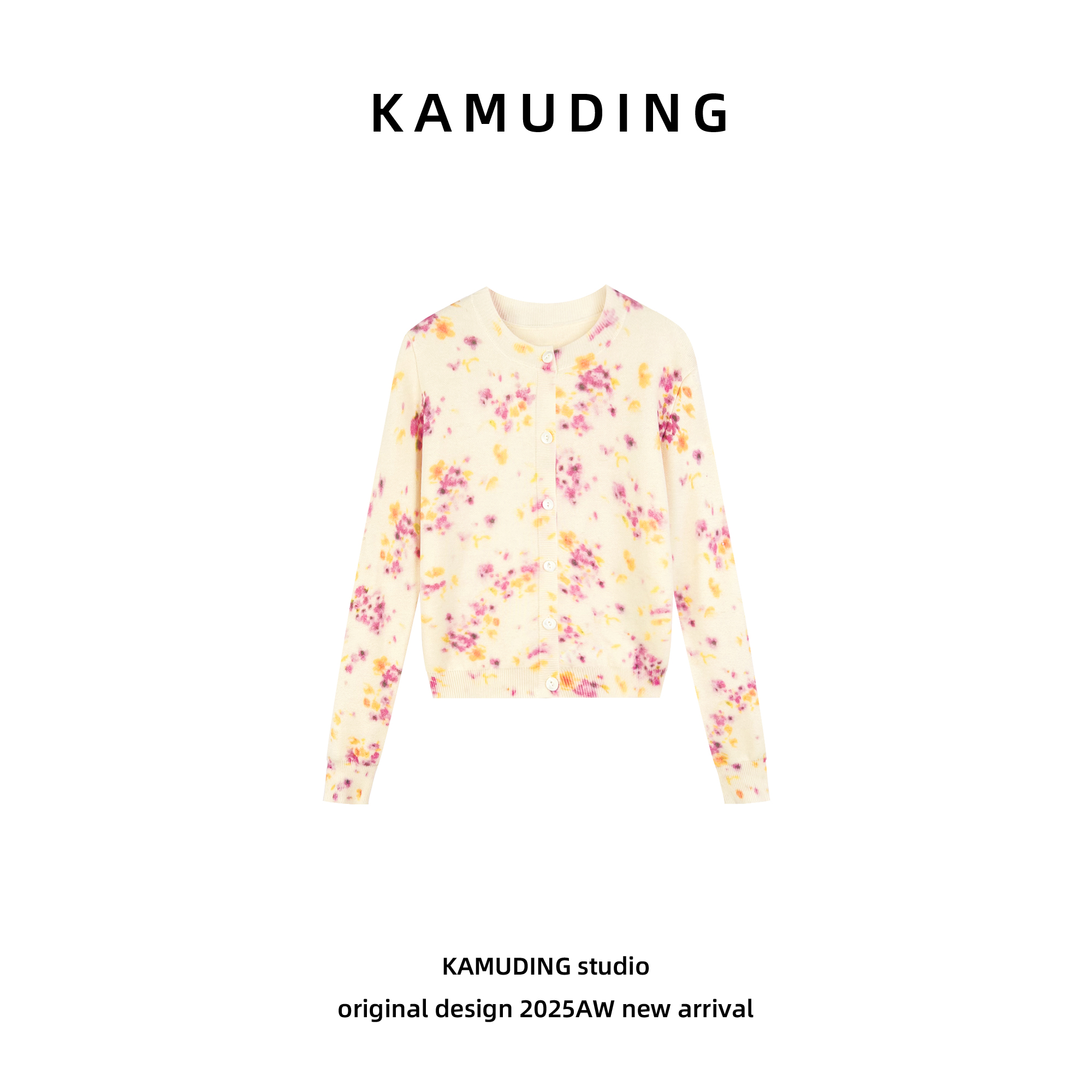 KAMUDING2025新款A59温柔风碎花圆领时尚长袖针织开衫25286