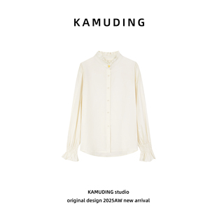 KAMUDING2026新款早春时尚简约杏色压褶木耳边正肩长袖衬衫26015H