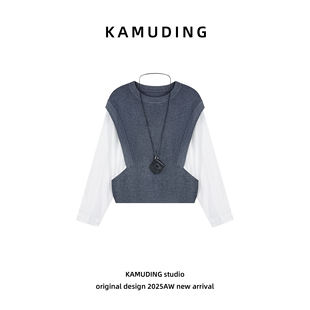 KAMUDING2025新款A56圆领装饰INS休闲时尚长袖秋季假两件25330
