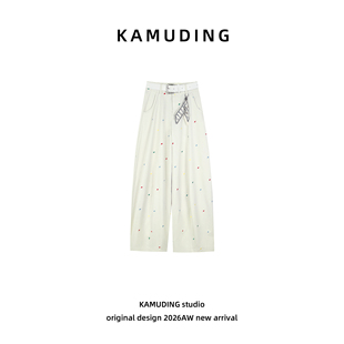 KAMUDING2026春夏新款彩色爱心刺绣时尚高腰宽松阔腿裤26059H