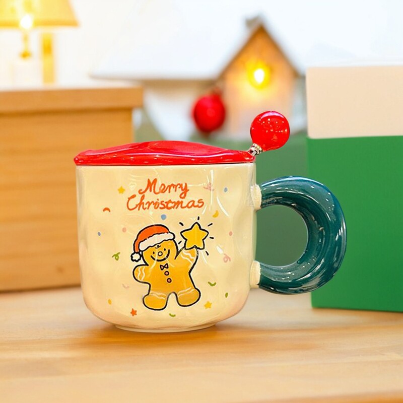 圣诞手捏陶瓷水杯马克杯带勺高颜值礼物带手柄牛奶杯卡通早餐杯子
