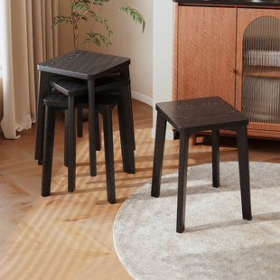 实木凳子家用现代简约黑色方凳可叠放餐椅结实餐桌凳子坐凳矮凳