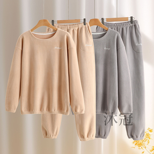 秋冬双面奥粒绒男士 中老年加厚宽松圆领法兰绒保暖睡衣 家居服套装