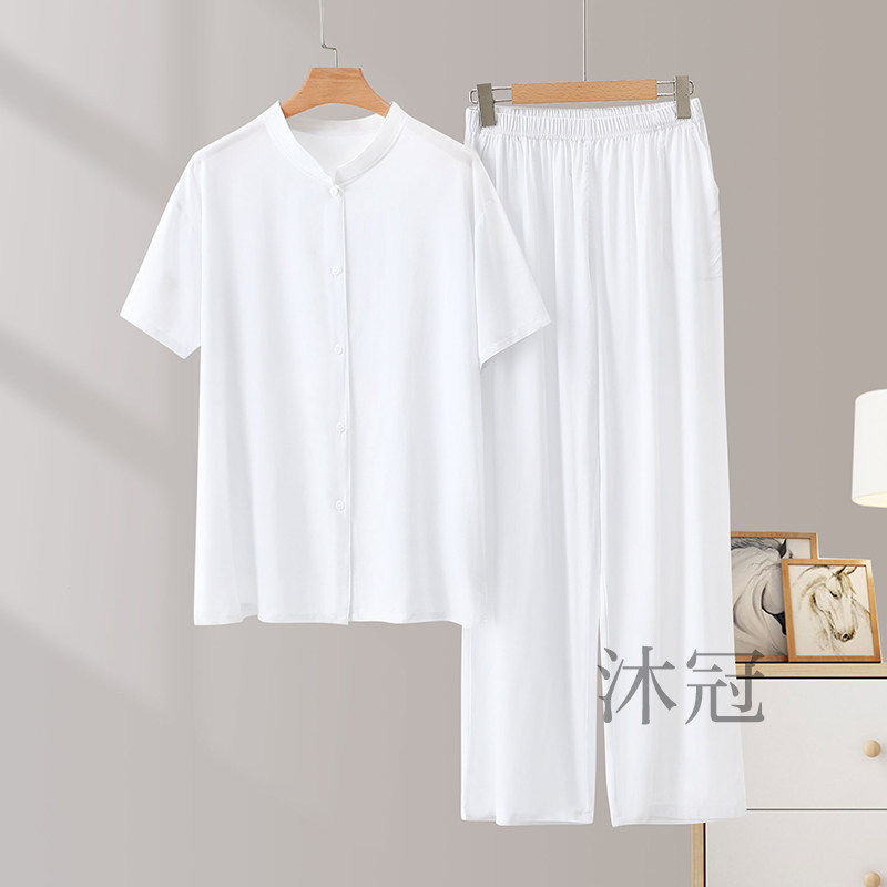 棉绸短袖开 襟外套直筒裤两件套中老年婆婆夏季大尺码年轻人造棉,女士内衣/男士内衣/家居服,睡衣/家居服套装,淘宝优惠券,粉丝福利购,淘宝优惠卷