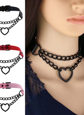 欧美原宿桃心黑链条项圈项链时尚潮流PU皮质爱心颈圈颈脖链锁骨