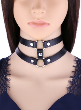 欧美新款哥特风皮质双排圆圈项链