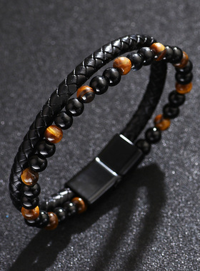跨境热销天然虎眼石串珠手链男士PU皮革编织火山石手链百搭高级