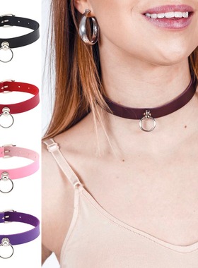日韩原宿软妹简单O型圆环圆圈项圈项链 朋克哥特式PU皮颈带锁骨