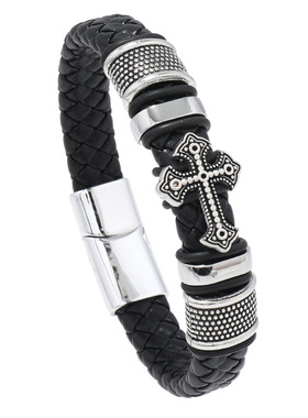 欧美新款个性复古多层皮革十字架手链时尚潮流男士磁扣纪念手环