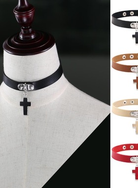 欧美原宿朋克风皮项圈十字架吊坠项链颈脖链短款锁骨链