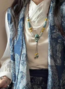 新中式复古民族风藏族少女陶瓷串珠长款项链小众古风百搭毛衣链女