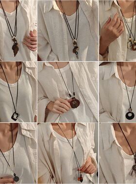 复古波西米亚民族风树叶长款镂空几何锁骨链禅意风百搭个性毛衣链