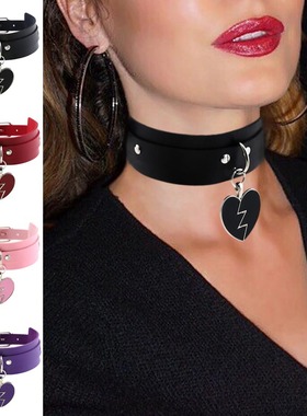 原宿摇滚闪电桃心吊坠项圈颈圈 心碎爱心双层皮质项链颈带锁骨链