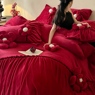 法式浪漫花卉牛奶绒婚庆四件套红色秋冬季加厚珊瑚绒被套结婚床品