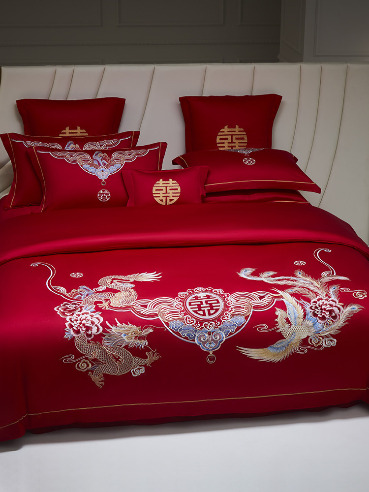 HIGH-END DRAGON AND PHOENIX WEDDING FOUR-PIECE SET 100-COUNT LONG-STAPLE COTTON BIG RED COTTON COTTON WEDDING QUILT BEDDING 4