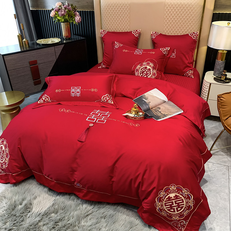 中式婚庆四件套100S长绒棉大红色纯棉喜字被套结婚陪嫁床盖款床品
