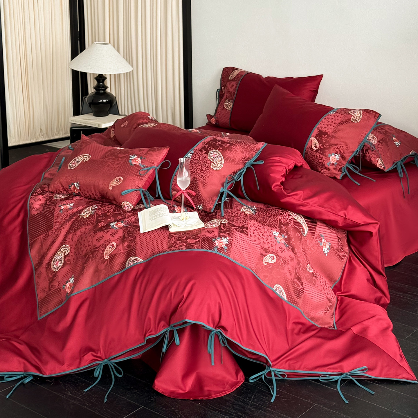花漾玫瑰︱绑带款新婚庆四件套纯棉全棉拼接被套红色结婚陪嫁床品