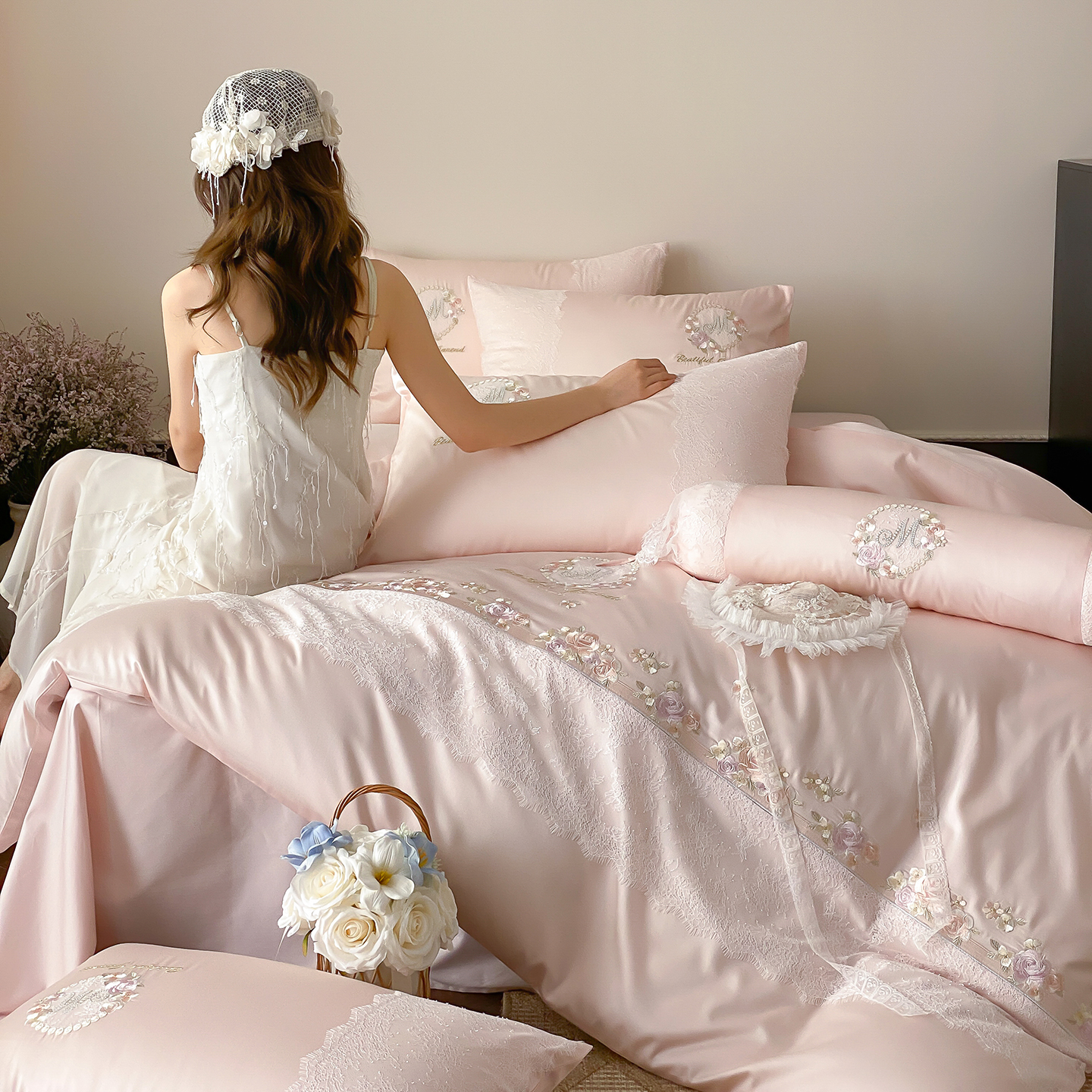 公主风长绒棉四件套柔软花卉刺绣