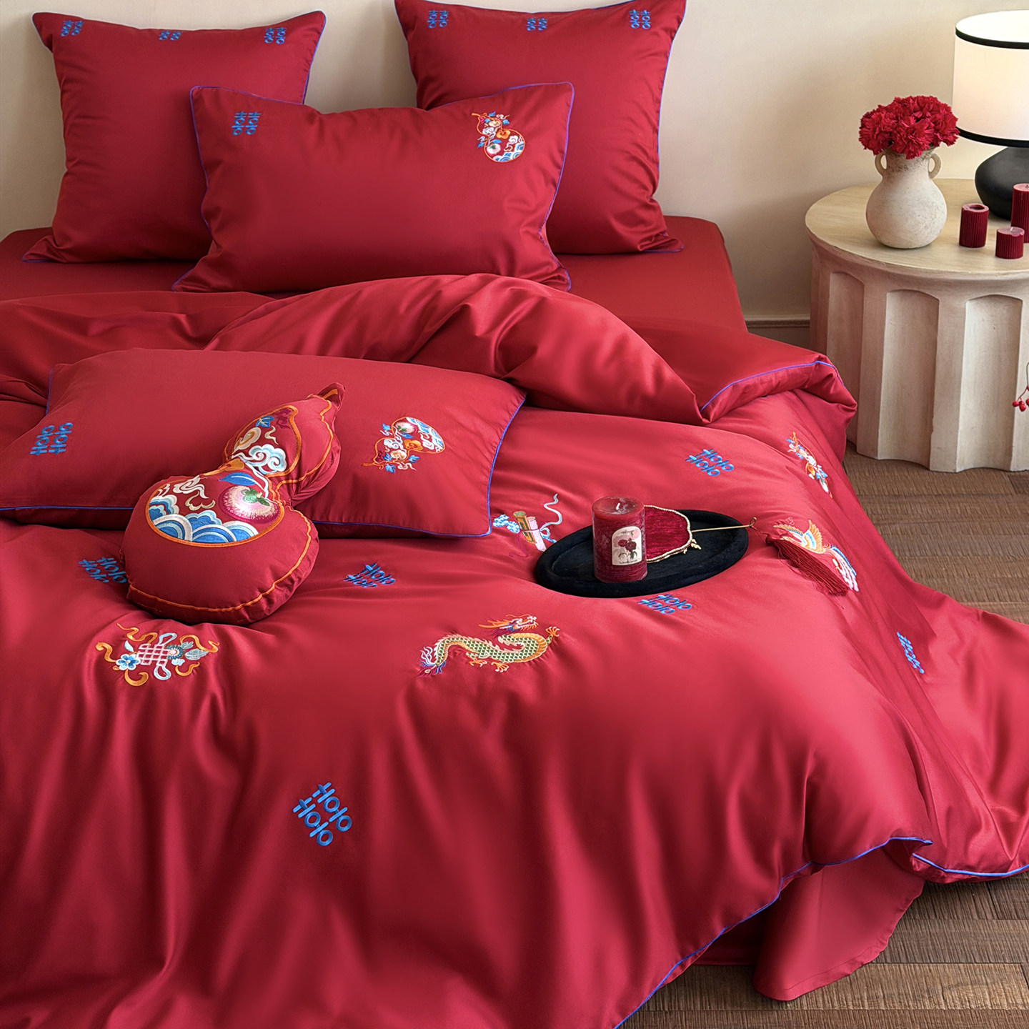 坤花家纺中式龙凤婚庆四件套100S长绒棉纯棉喜字被套红色结婚床品