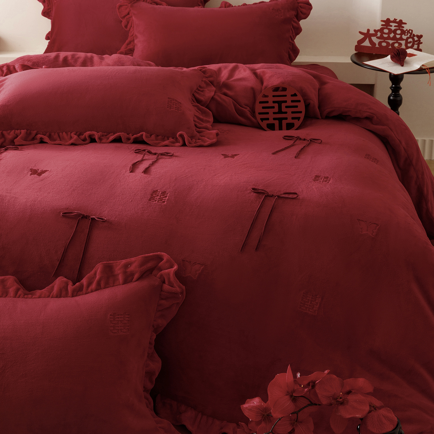 法式牛奶绒婚庆四件套加厚保暖蝴蝶结被套红色冬季珊瑚绒结婚床品