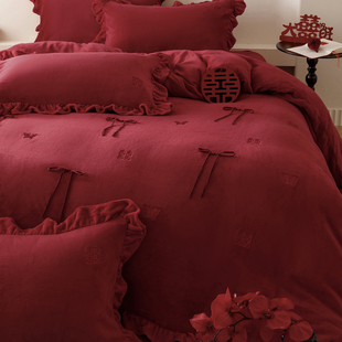 法式 珊瑚绒结婚床品 牛奶绒婚庆四件套加厚保暖蝴蝶结被套红色冬季