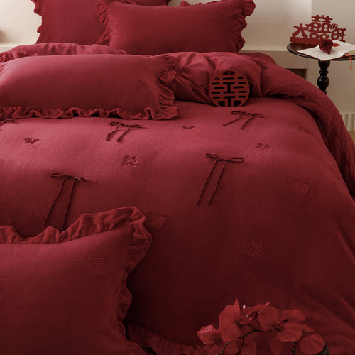 法式牛奶绒保暖蝴蝶结婚庆四件套