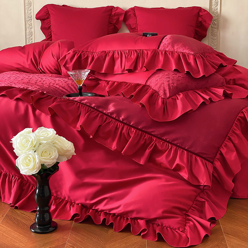 法式花边婚庆四件套100S长绒棉贡缎提花被套红色纯棉结婚床上用品