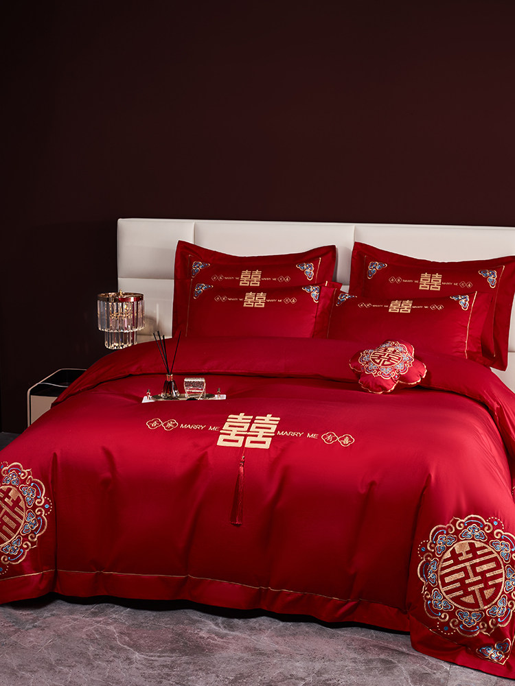 NEW CHINESE STYLE WEDDING FOUR-PIECE SET PURE COTTON BIG RED 100S LONG-STAPLE COTTON EMBROIDERY QUILT COVER WEDDING QUILT BEDDING