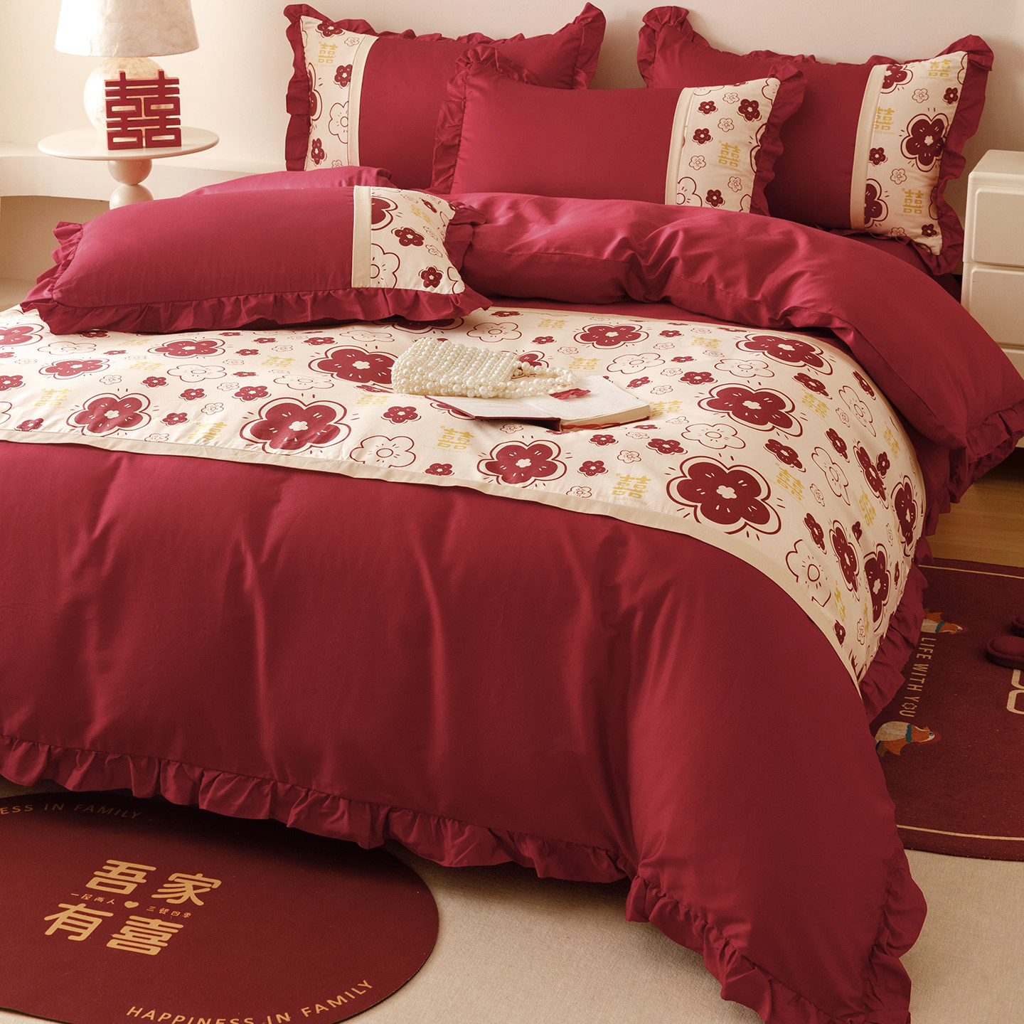 浪漫婚庆四件套100S长绒棉全棉花卉被套红色喜嫁结婚床单床上用品