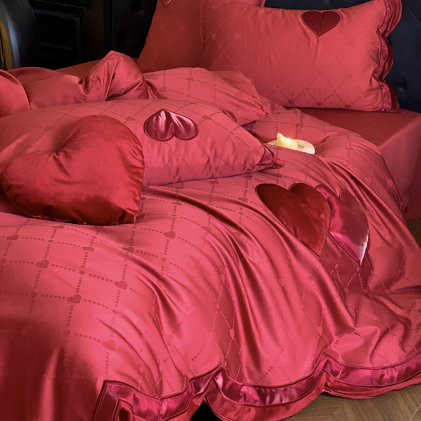坤花家纺法式婚庆四件套100S长绒棉爱心被套红色纯棉结婚喜被床品