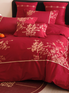 囍事连连 | 浪漫新婚庆四件套100S纯棉喜字被套红色陪嫁结婚床品