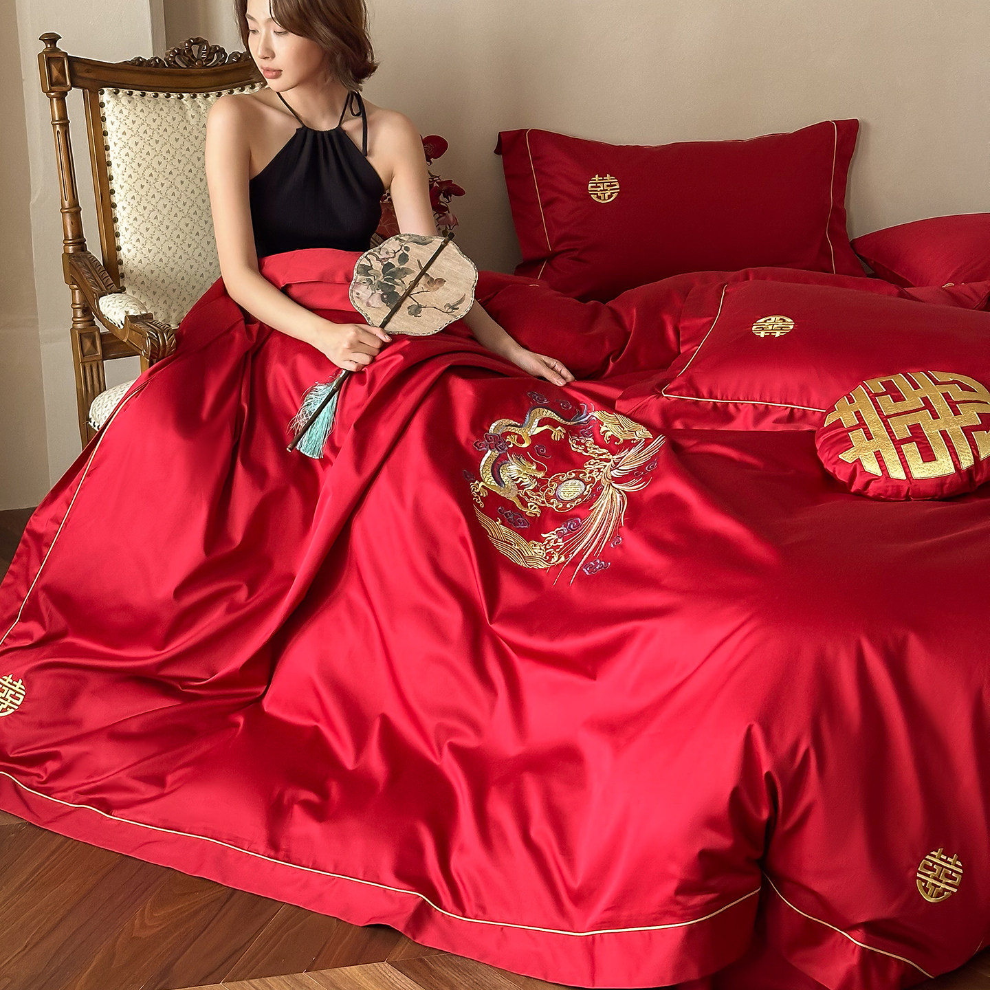 坤花家纺新中式龙凤呈祥婚庆四件套红色纯棉刺绣结婚陪嫁婚房床品,床上用品,婚庆床品套件,淘宝优惠券,粉丝福利购,淘宝优惠卷